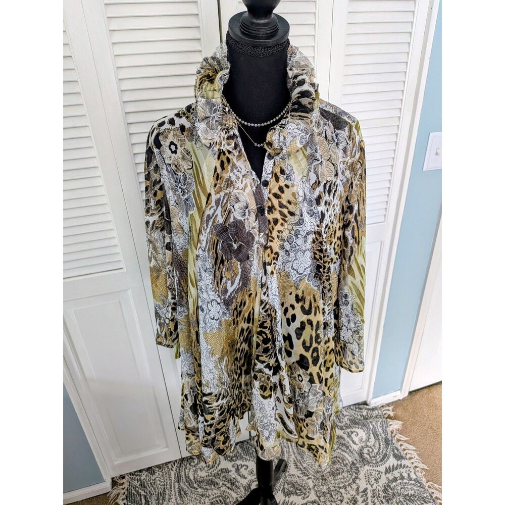 Jaipur Sheer Tunic Womens XL Green Leopard Top Ruffle Collar Y2K Fairy Indie New